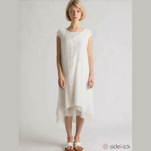 Womens 100% Linen Gauze Med White Tie Neck Lace Up Lagenlook Layered Midi Dress